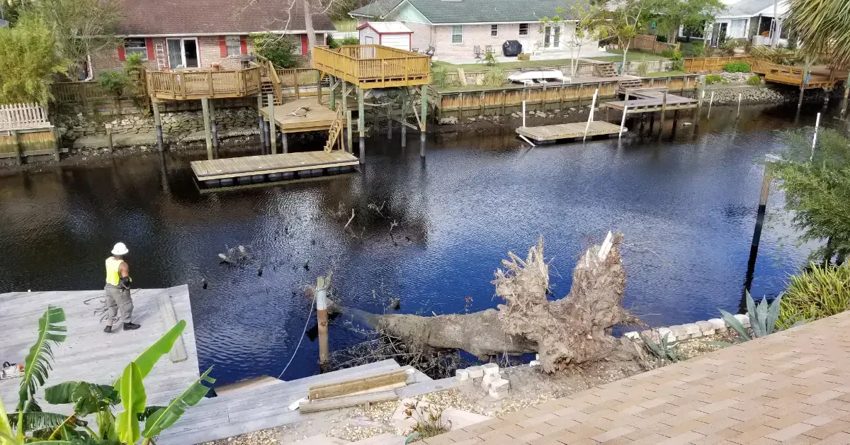 Professional arborists performing emergency tree removal after hurricane damage in Northeast Florida.