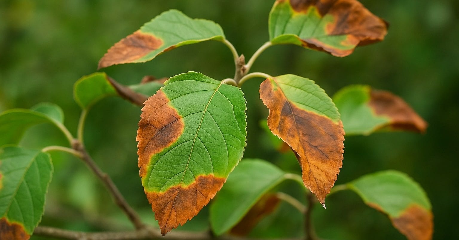 Close-up of tree leaves showing brown, scorched edges due to heat stress.