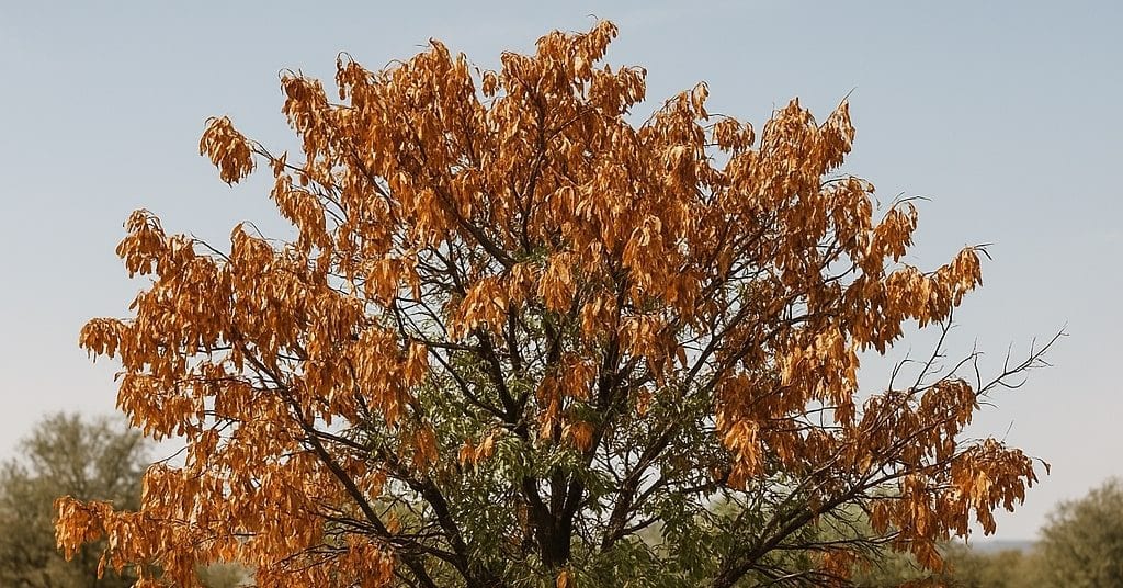 A drought-stressed deciduous tree with withered brown leaves and patches of green, standing in a dry, cracked landscape under a clear sky.