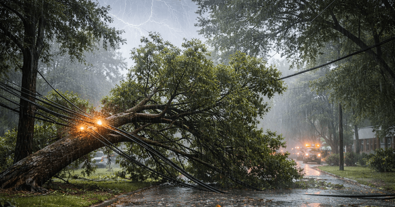Fallen tree on power lines during a storm in a Jacksonville neighborhood