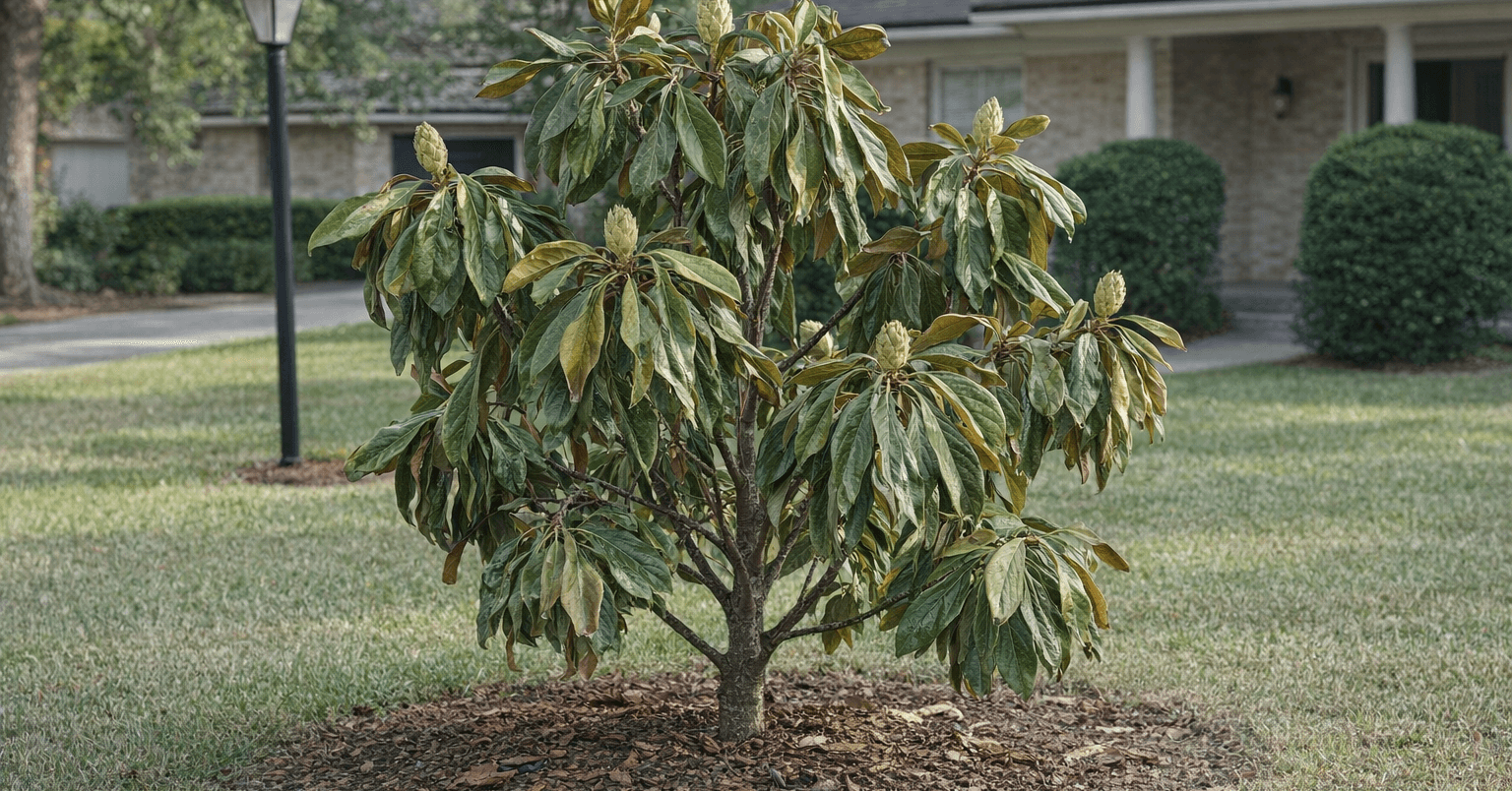 Southern Magnolia showing heat stress wilting leaves in Mandarin, Jacksonville, FL yard
