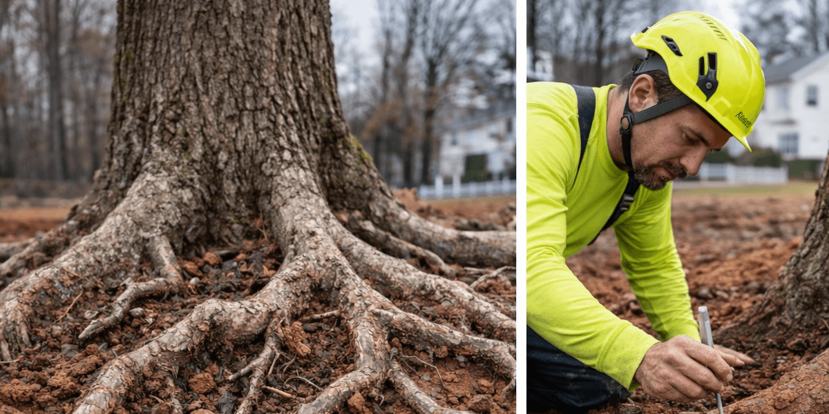 The tree is struggling to grow in dense clay soil in a Cedar Hills yard An arborist examining compacted clay soil around a stressed tree in Cedar Hills