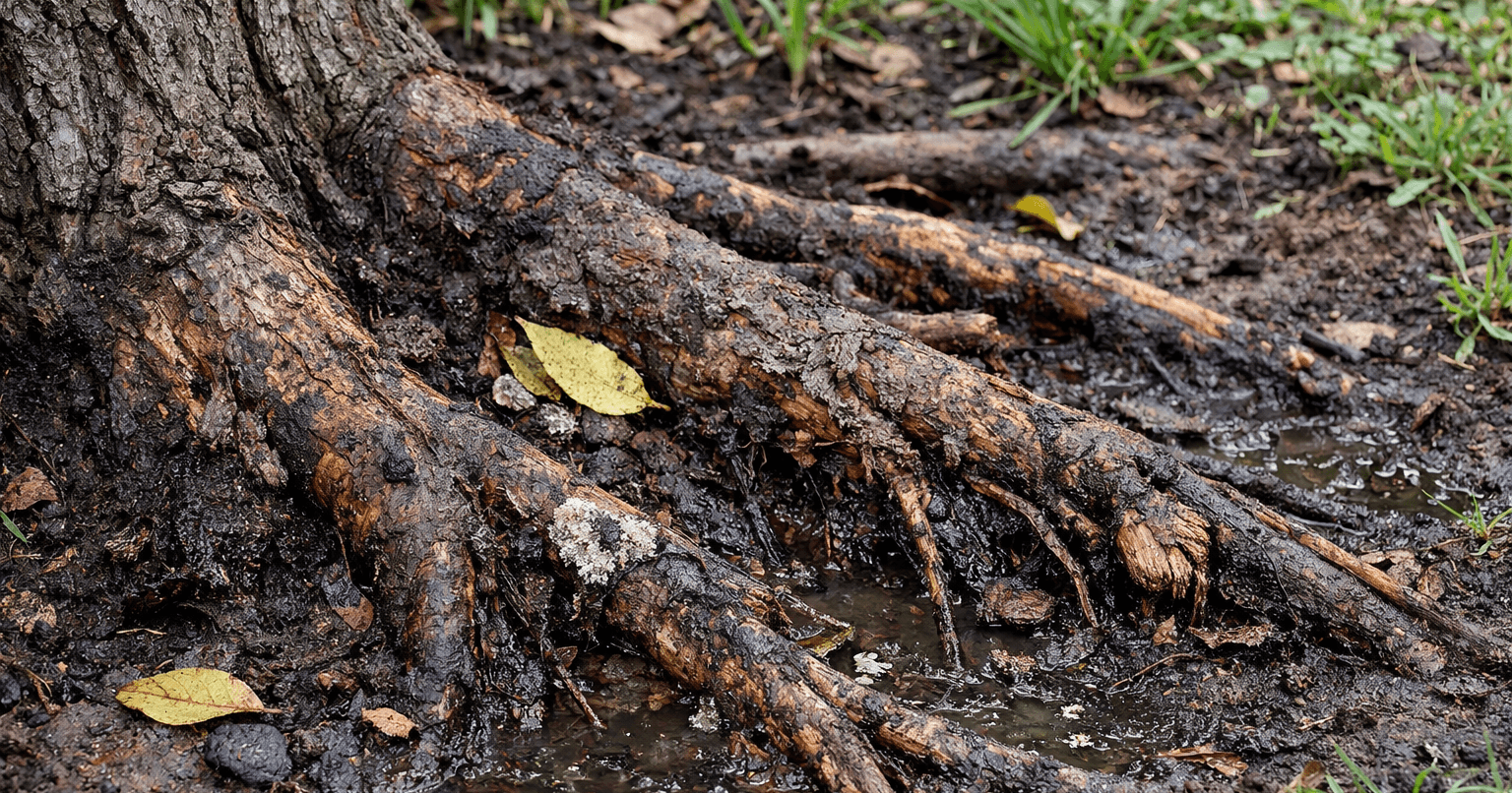 Tree roots showing early signs of root rot caused by overwatering in a Jacksonville yard
