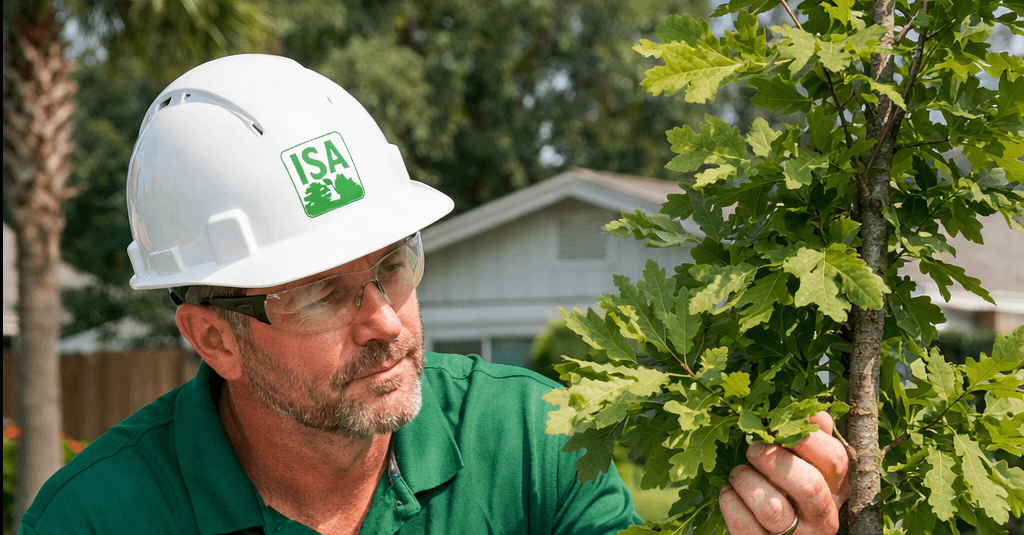 ISA Certified Arborist inspecting a newly planted tree in Westside Jacksonville Healthy young oak tree thriving in a Westside Jacksonville yard