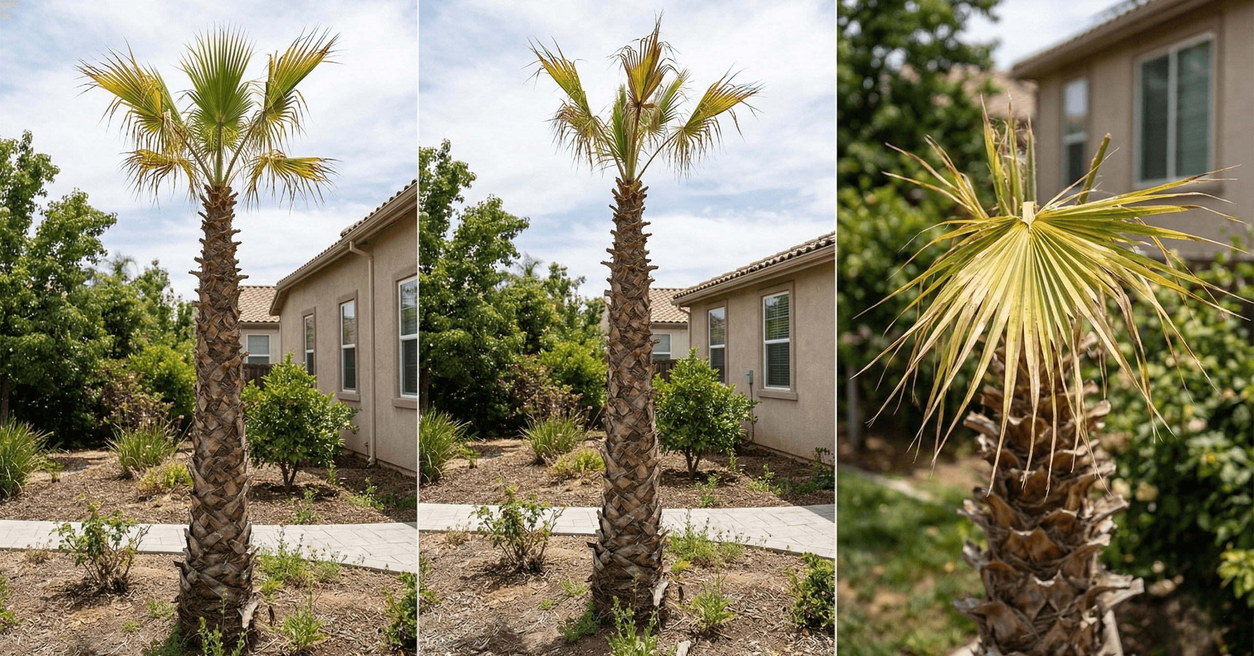 Over-trimmed palm tree with sparse canopy and nutrient deficiency symptoms after excessive pruning