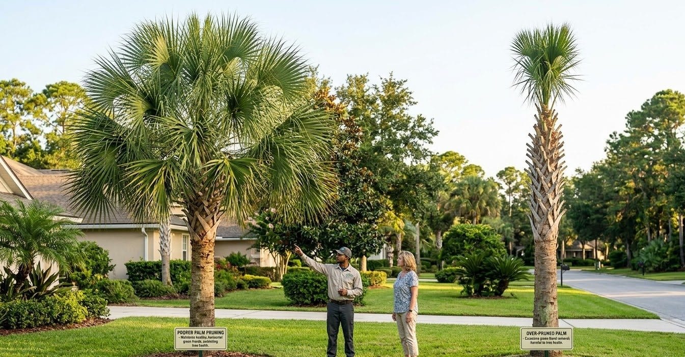 Palm trees in Jacksonville showing proper trimming versus over-pruned palms
