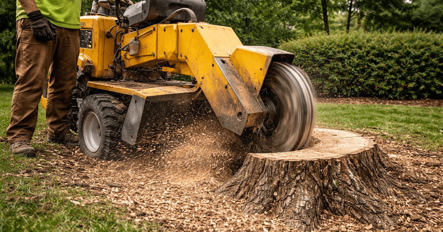 Stump grinder removing a tree stump in an East Arlington yard
