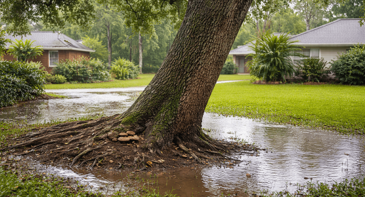 Heavy rain-saturated soil around a large oak tree in a Northeast Florida residential yard, showing early leaning risk after a storm