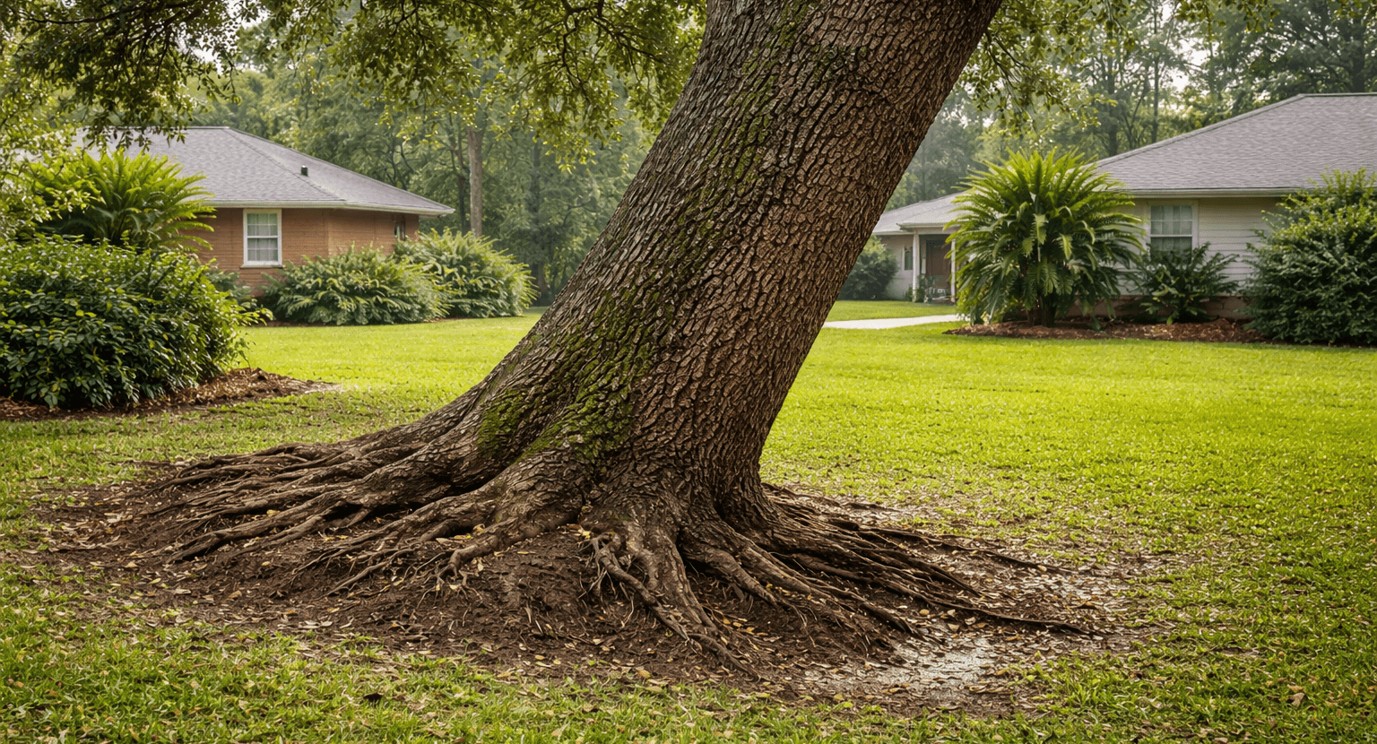A large oak tree leaning at an angle in a Jacksonville residential yard with visible soil heaving around the base of the trunk