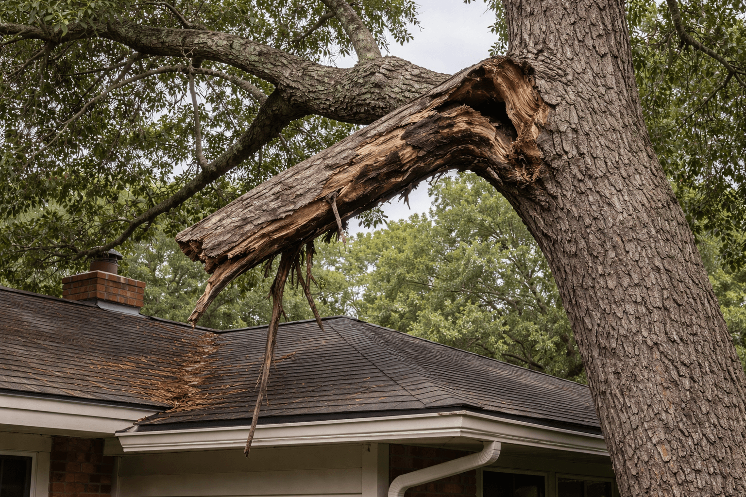 A mature water oak with a large dead limb hanging over a Jacksonville home roofline, showing structural decline typical of fast-growing species