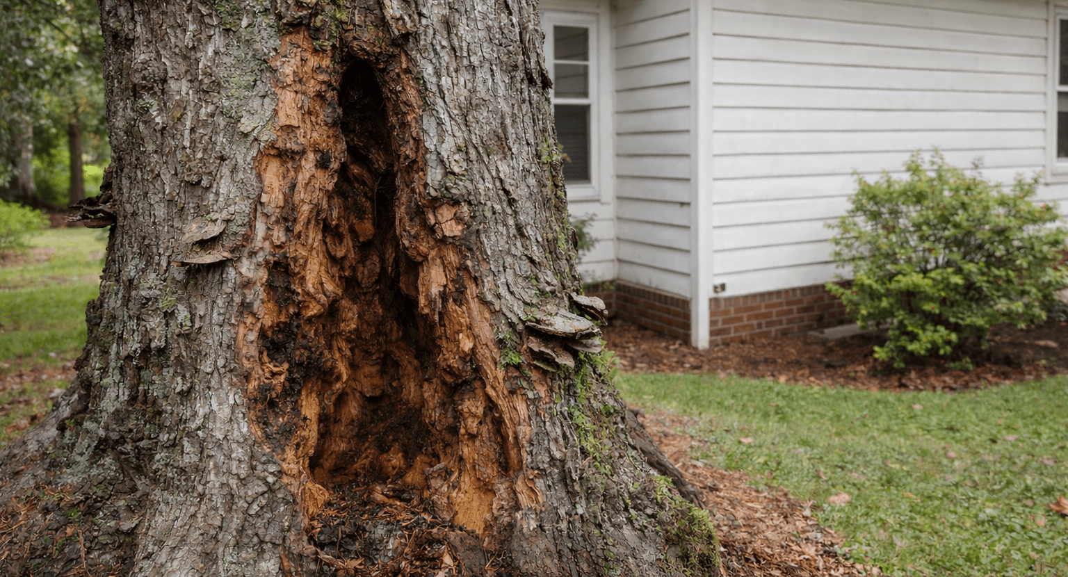 Tree with internal rot and decay near a residential home, showing hidden structural failure risk