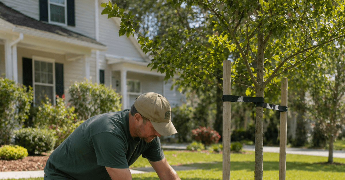 A homeowner applying organic mulch around the base of a young oak tree.