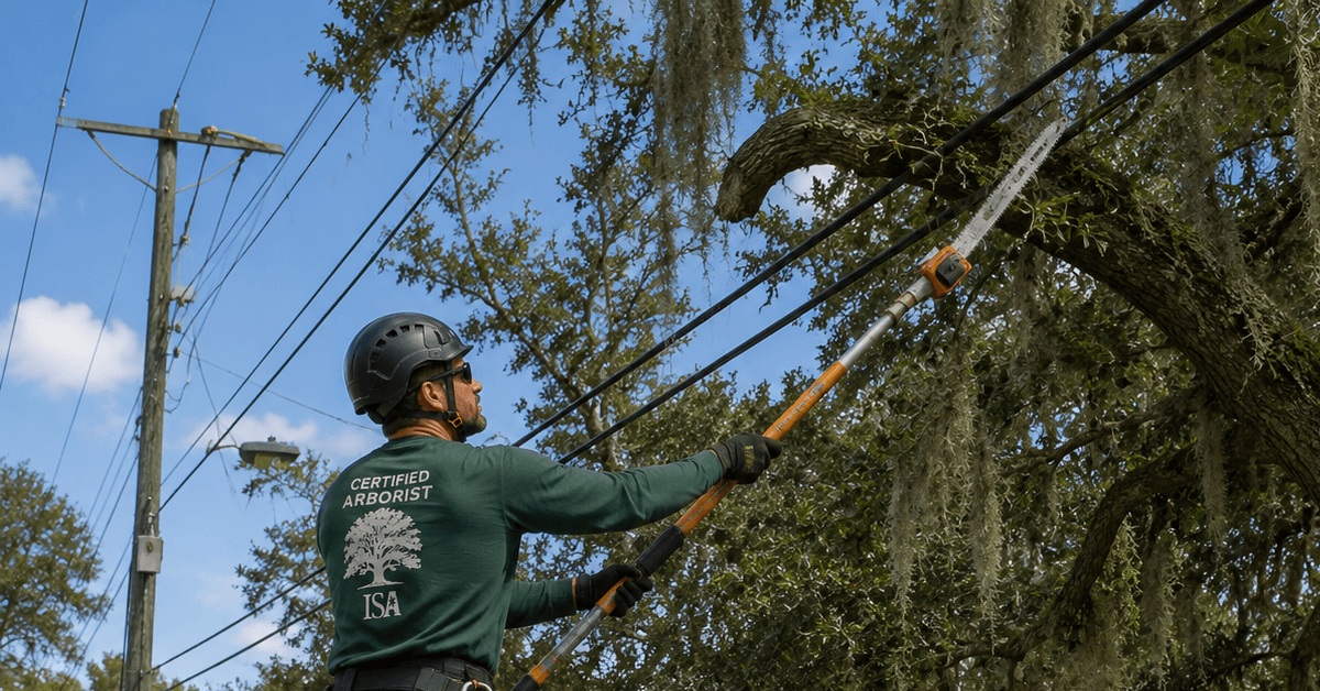 Certified arborist performing electrical line clearance pruning in Jacksonville