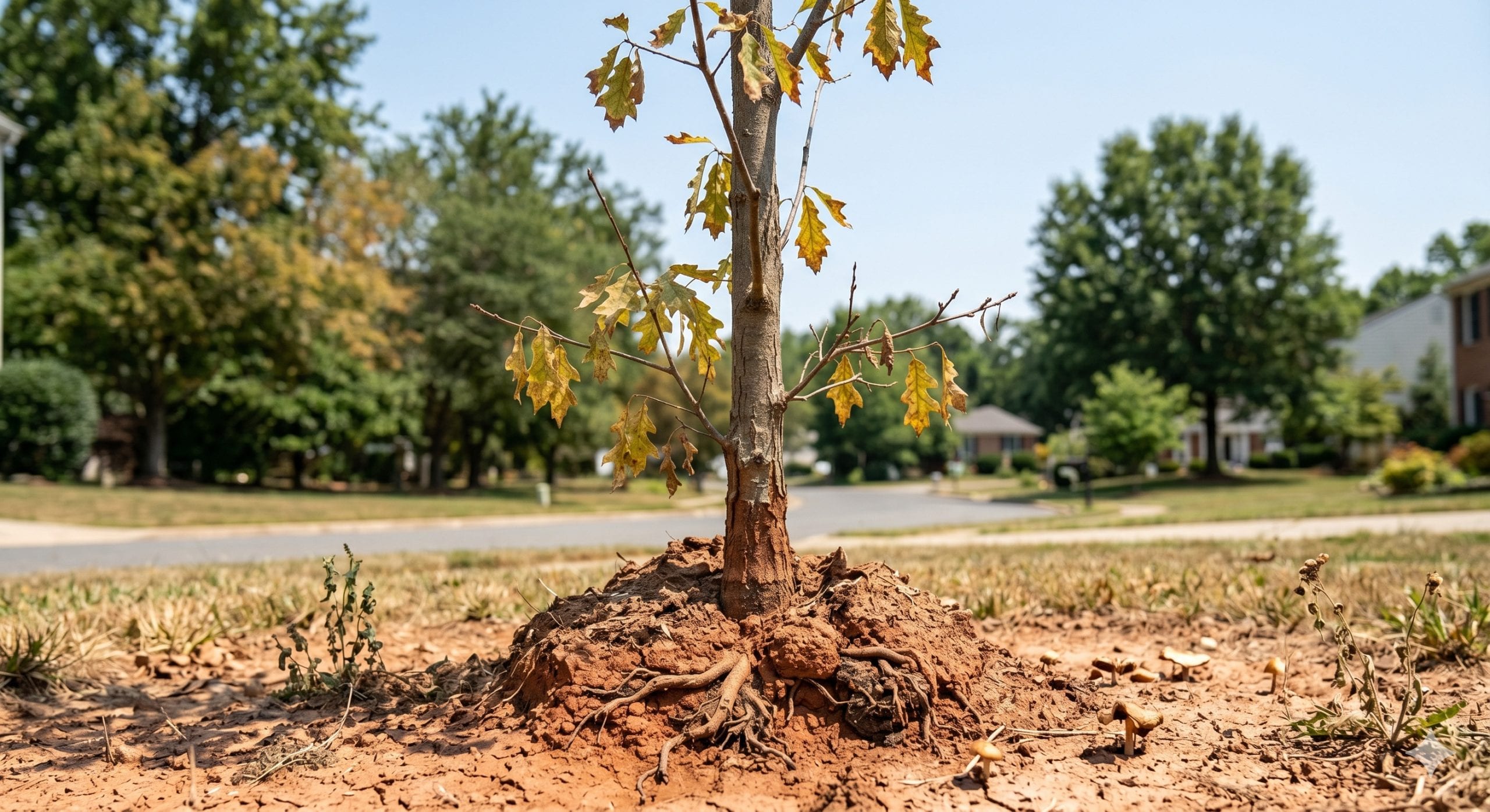 Young tree care in Jacksonville summer heat, showing watering, mulch protection, and heat stress prevention tips for healthy growth.