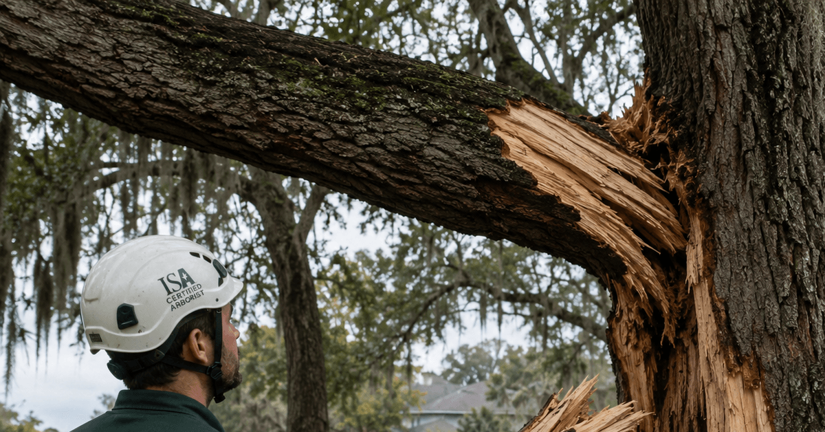 ISA Certified Arborist examining a wind‑damaged oak in Jacksonville FL