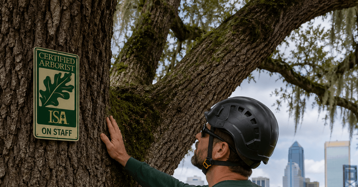 ISA Certified Arborist inspecting a live oak tree for hurricane readiness in Jacksonville FL