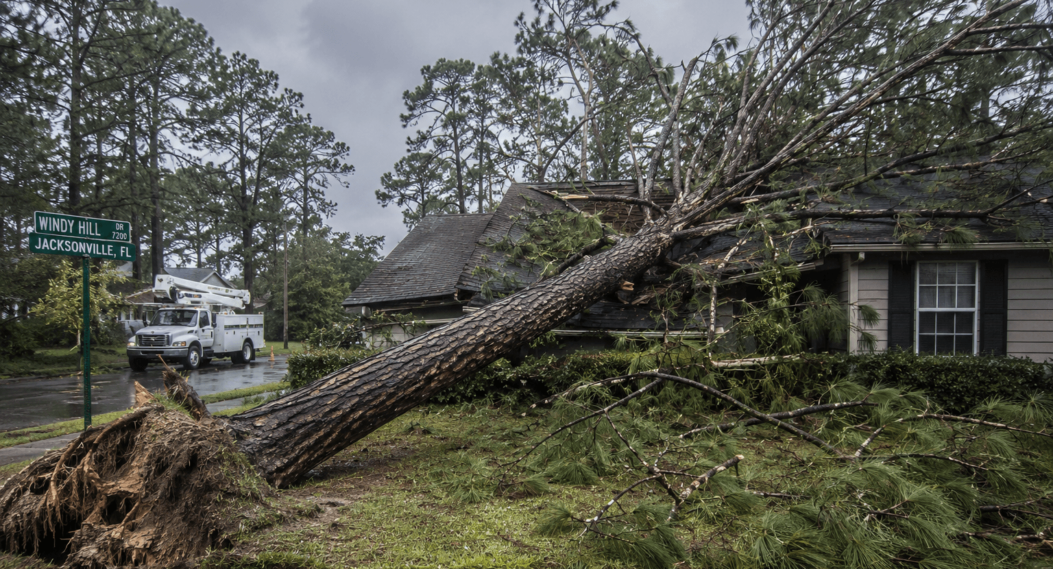 Fallen pine tree after a hurricane in Jacksonville, FL