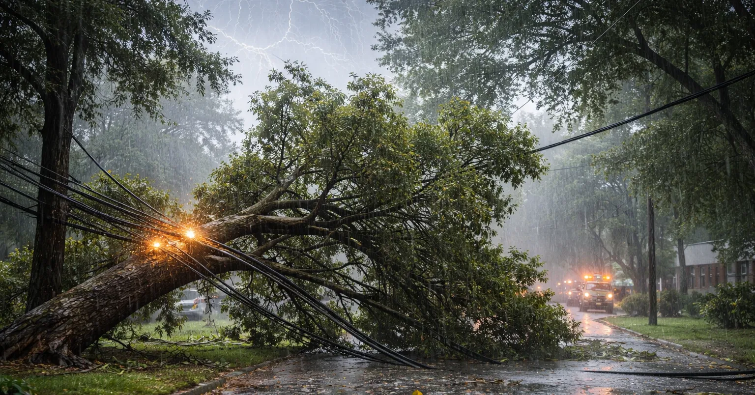 Fallen tree on power lines during a storm in a Jacksonville neighborhood