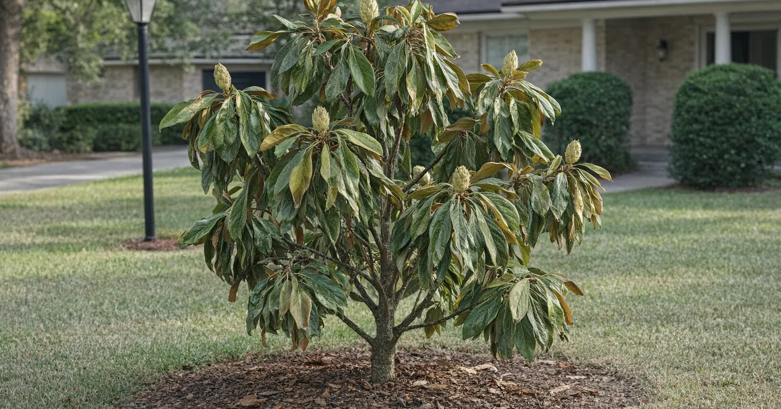 Southern Magnolia showing heat stress wilting leaves in Mandarin, Jacksonville, FL yard