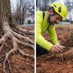The tree is struggling to grow in dense clay soil in a Cedar Hills yard An arborist examining compacted clay soil around a stressed tree in Cedar Hills