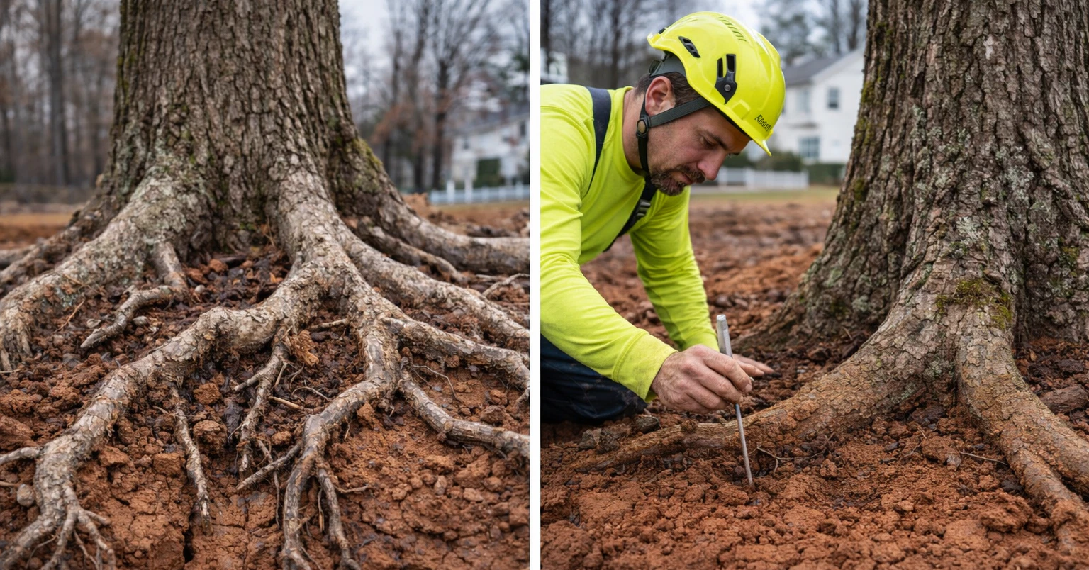 The tree is struggling to grow in dense clay soil in a Cedar Hills yard An arborist examining compacted clay soil around a stressed tree in Cedar Hills