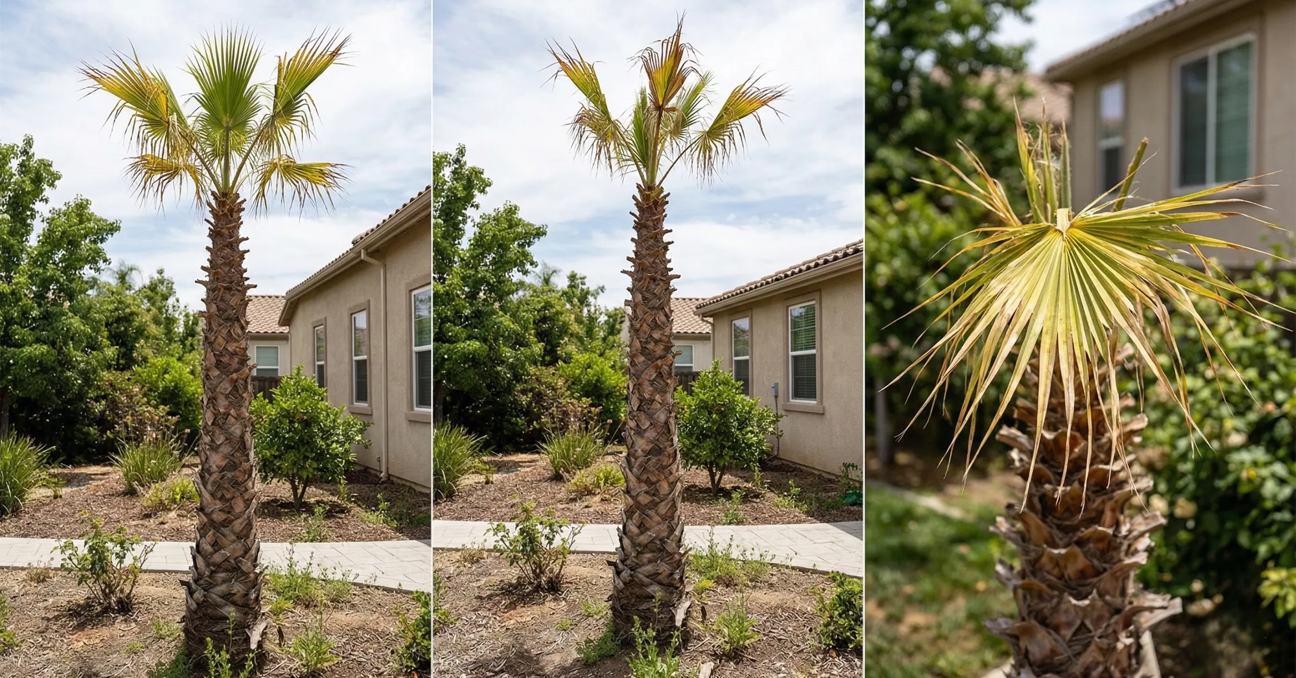 Over-trimmed palm tree with sparse canopy and nutrient deficiency symptoms after excessive pruning