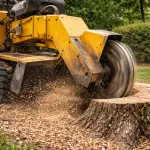 Stump grinder removing a tree stump in an East Arlington yard